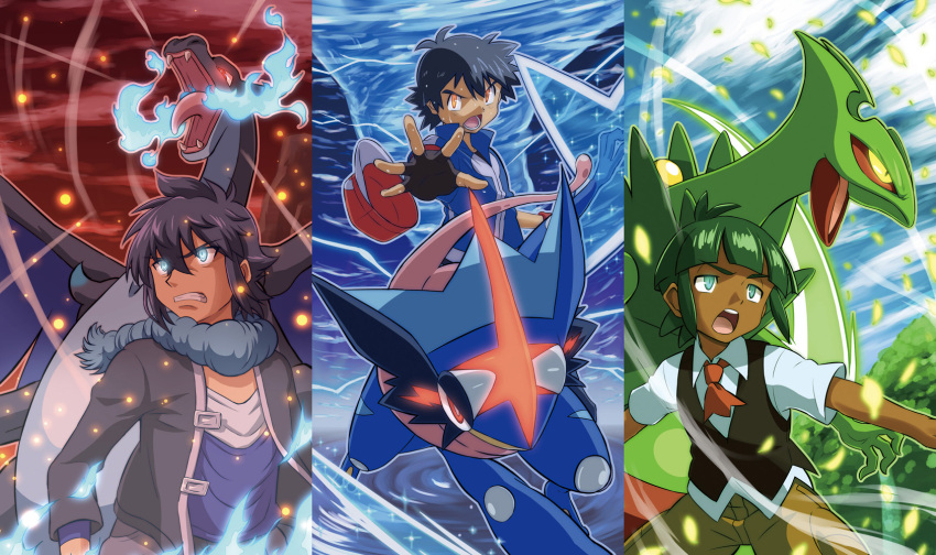 3boys ahoge alain_(pokemon) blue_eyes charizard dark_skin dark_skinned_male glowing glowing_eyes green_eyes greninja hat hat_removed headwear_removed highres mega_charizard_x mega_pokemon mega_sceptile multiple_boys pokemon pokemon_(anime) pokemon_(creature) rain red_eyes satoshi-greninja satoshi_(pokemon) scarf sceptile shota_(pokemon) touyu_(yuruyuruto)