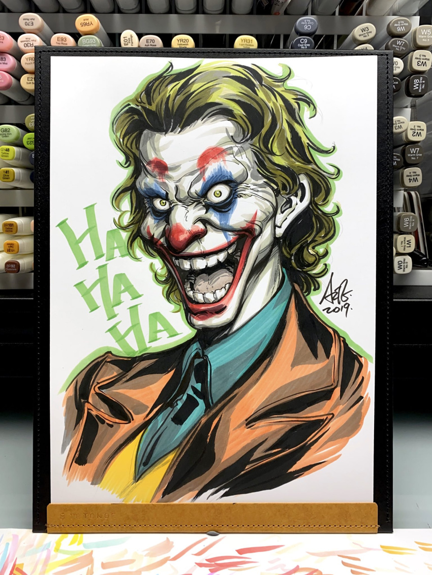 1boy 2019 arthur_fleck blue_shirt clown clown_makeup commentary dc_comics english_commentary english_text evil_smile facepaint green_eyes green_hair highres inktober jacket joker_(dc) laughing male_focus marker_(medium) orange_jacket photo_(medium) shirt short_hair signature simple_background smile solo stanley_lau traditional_media upper_body