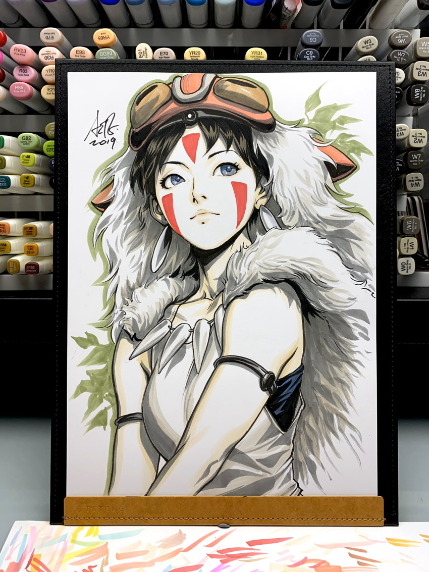 1girl 2019 black_hair blue_eyes cape closed_mouth commentary english_commentary facepaint fur_cape highres inktober jewelry marker_(medium) mononoke_hime necklace pelt photo_(medium) san_(mononoke_hime) shirt short_hair signature simple_background sleeveless solo stanley_lau tooth_necklace traditional_media upper_body white_shirt wolf_pelt