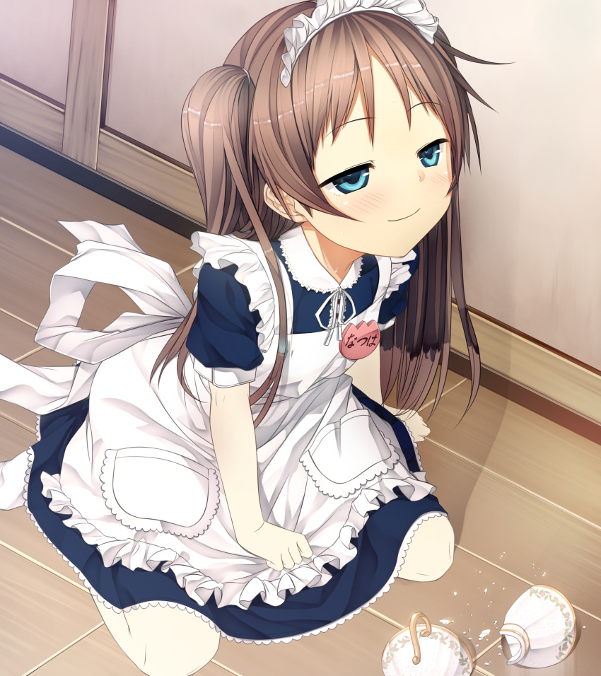 1girl blue_eyes blush broken brown_hair cup cura feet flat_(company) kneeling maid maid_headdress monobeno no_shoes sawai_natsuha smug solo thigh-highs white_legwear