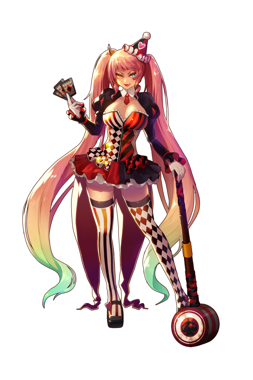 1girl absurdres argyle argyle_legwear blonde_hair breasts card cleavage cleavage_cutout contrapposto dress dungeon_and_fighter evil_smile frills full_body gloves gradient_hair green_hair hammer harlequin harlequin_(pattern) hat heart heart-shaped_pupils heterochromia highres horn licking_lips long_hair looking_at_viewer mismatched_legwear multicolored_hair pink_hair playing_card puyon_(pixiv) puyon_(puyon) short_dress smile solo striped striped_legwear symbol-shaped_pupils thigh-highs tongue tongue_out transparent_background twintails vertical-striped_legwear vertical_stripes very_long_hair white_gloves