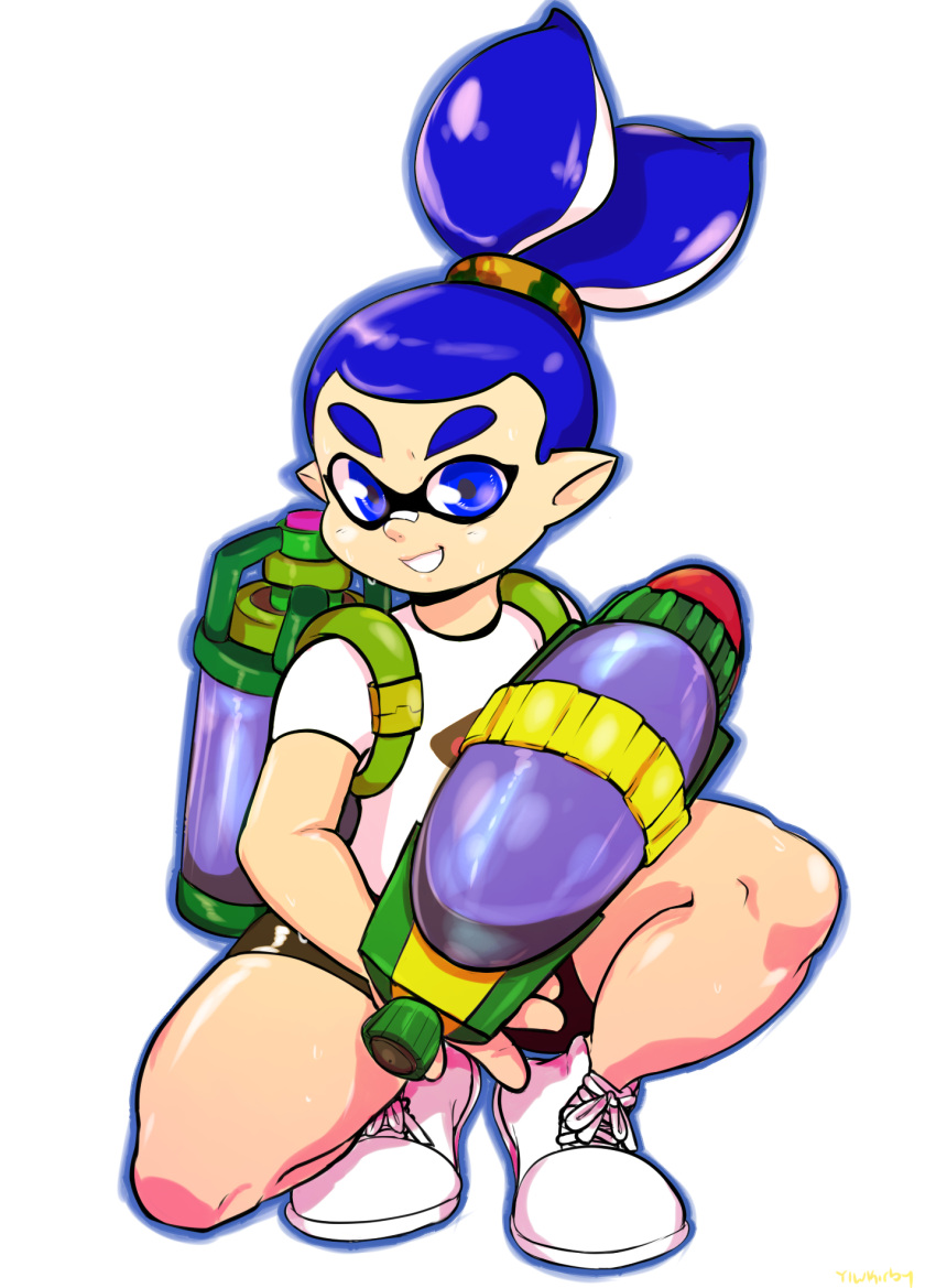 1boy artist_name blue_eyes blue_hair inkling looking_at_viewer pointy_ears shoes sneakers splatoon thick_thighs yellow_kirby