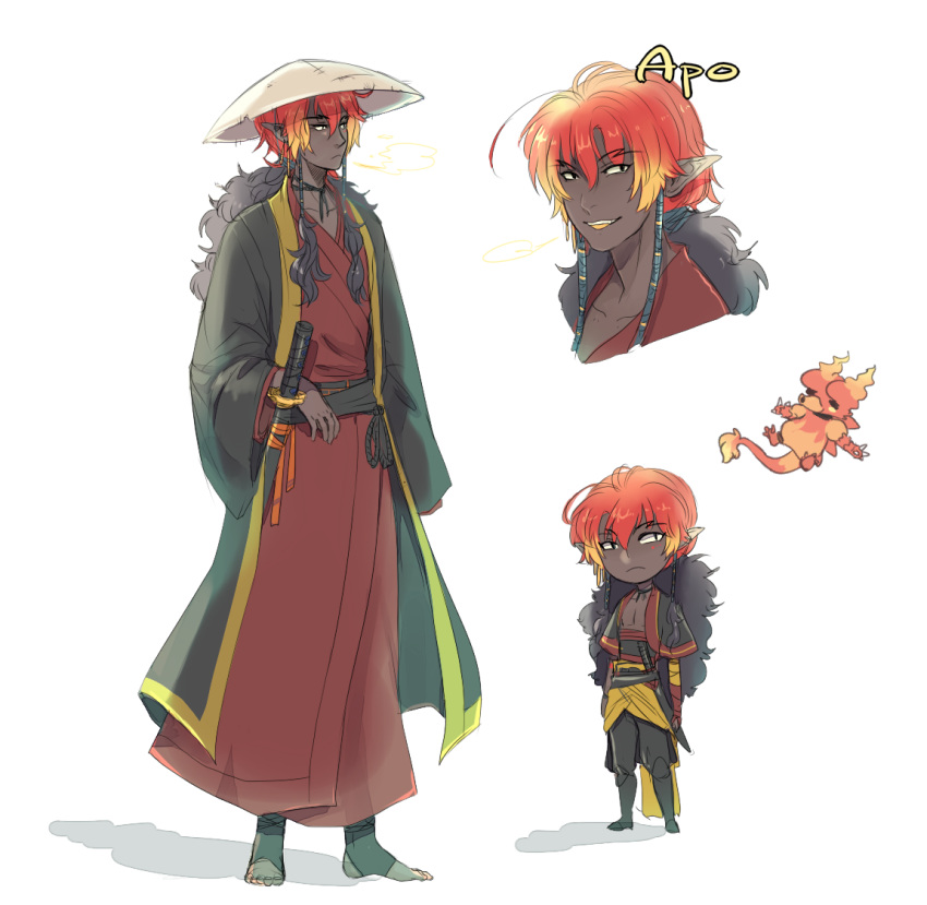 1boy ayshius black_hair chibi dark_skin katana long_hair magmar male_focus multicolored_hair open_mouth personification pointy_ears pokemon redhead sheath sheathed sword two-tone_hair weapon