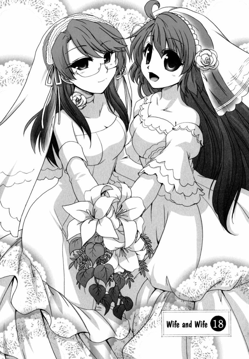 2girls bare_shoulders dress elbow_gloves flower gloves happy himefuji_kinana lily_(flower) minamoto_hisanari miyako_sumi multiple_girls wedding_dress wife_and_wife yuri
