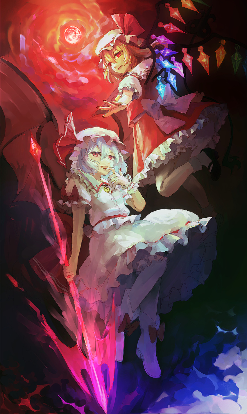 2girls absurdres bad_id bat_wings blonde_hair bloomers blue_hair boots chiba_(pixiv15717589) chiba_(pmjwgt45) crystal flandre_scarlet full_body full_moon glowing glowing_weapon hat hat_ribbon highres looking_at_viewer mary_janes mob_cap moon multiple_girls open_mouth puffy_sleeves red_eyes red_moon remilia_scarlet ribbon shirt shoes short_hair short_sleeves siblings side_ponytail sisters skirt skirt_set slit_pupils smile socks spear_the_gungnir touhou underwear vest weapon white_legwear wings wrist_cuffs