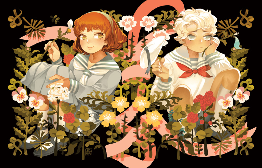 1boy 1girl black_background bloodypepper blue_eyes blush brown_hair child flower hand_on_own_cheek hand_on_own_face hat head_rest highres holding holding_flower knees_up looking_at_another looking_to_the_side mole mole_under_eye neckerchief original petals plant sailor_collar sailor_hat school_uniform serafuku short_hair signature sitting smile socks squatting wavy_hair white_hair yellow_eyes