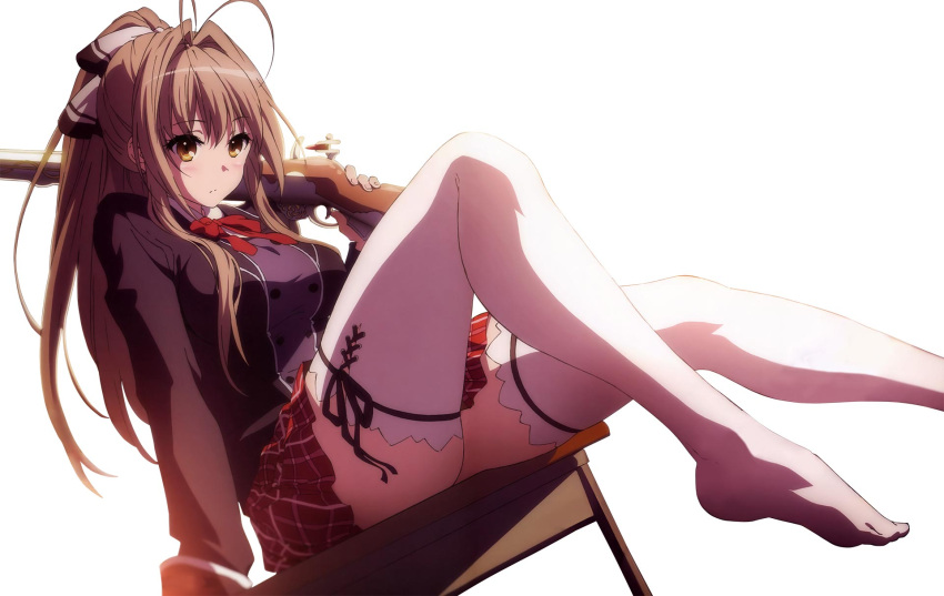 1girl amagi_brilliant_park antenna_hair black_background blush breasts brown_hair carrying classroom curvy desk female gun hair_ribbon highres large_breasts legs long_hair musket plaid plaid_skirt ponytail ribbon school_uniform sento_isuzu shoulder_carry sitting skirt solo sweater_vest table thick_thighs thigh-highs thighs weapon white_background white_legwear wide_hips yellow_eyes