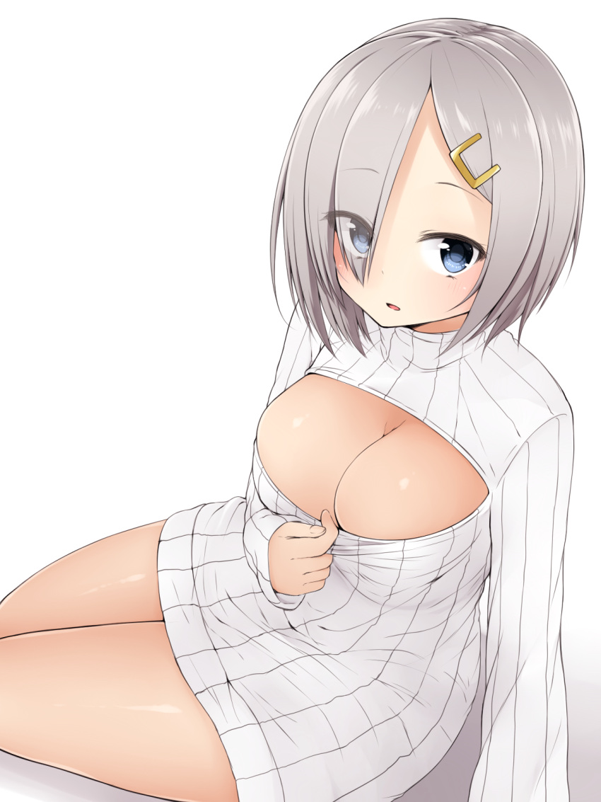 1girl akky_(akimi1127) blue_eyes blush breasts cleavage cleavage_cutout curvy female hair_ornament hair_over_one_eye hairclip hamakaze_(kantai_collection) highres kantai_collection large_breasts looking_at_viewer open-chest_sweater open_mouth ribbed_sweater short_hair silver_hair sitting solo sweater turtleneck wide_hips