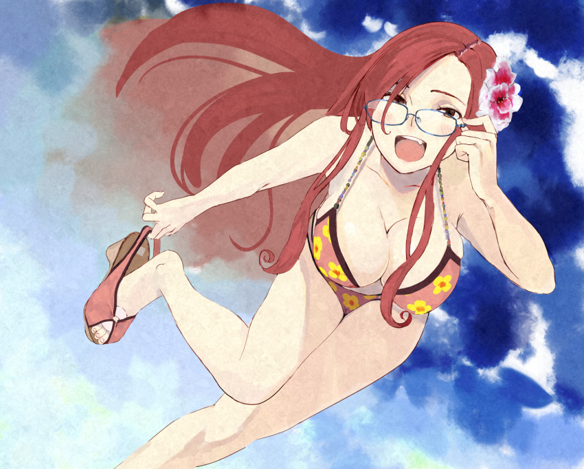 1girl :d adjusting_clothes adjusting_glasses bikini blue-framed_glasses blush breasts brown_eyes brown_hair cleavage clouds fang feet female floral_print flower glasses goiro_(doukutsuwa) hair_flower hair_ornament hanging_breasts highres large_breasts leaning_forward long_hair looking_at_viewer open_mouth original pink_bikini pulling sandals sky smile solo standing_on_one_leg swimsuit toes