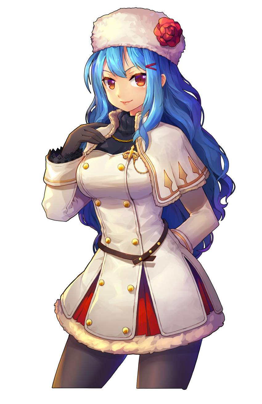 1girl absurdres belt black_gloves black_legwear blue_hair brown_eyes capelet dress dungeon_and_fighter flower fur_trim gloves hair_ornament hairclip hat hat_flower highres long_hair looking_at_viewer pantyhose puyon_(pixiv) puyon_(puyon) rose smile solo transparent_background turtleneck wavy_hair winter_clothes
