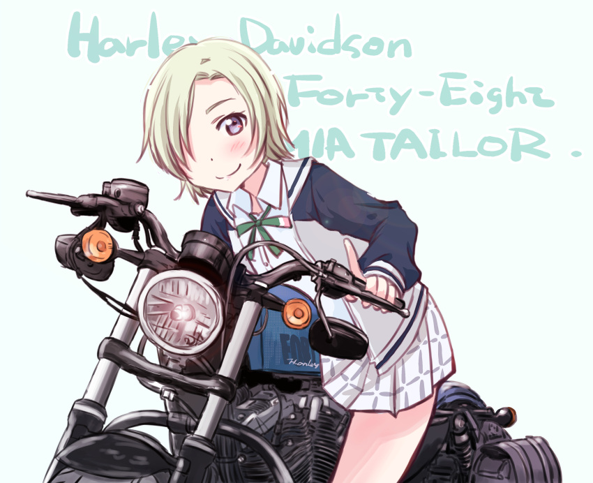 1girl absurdres bangs birthday blonde_hair character_name commentary_request english_text ground_vehicle highres jacket looking_at_viewer love_live! love_live!_nijigasaki_high_school_idol_club love_live!_school_idol_festival_all_stars maruyo mia_taylor motor_vehicle motorcycle riding short_hair smile solo violet_eyes