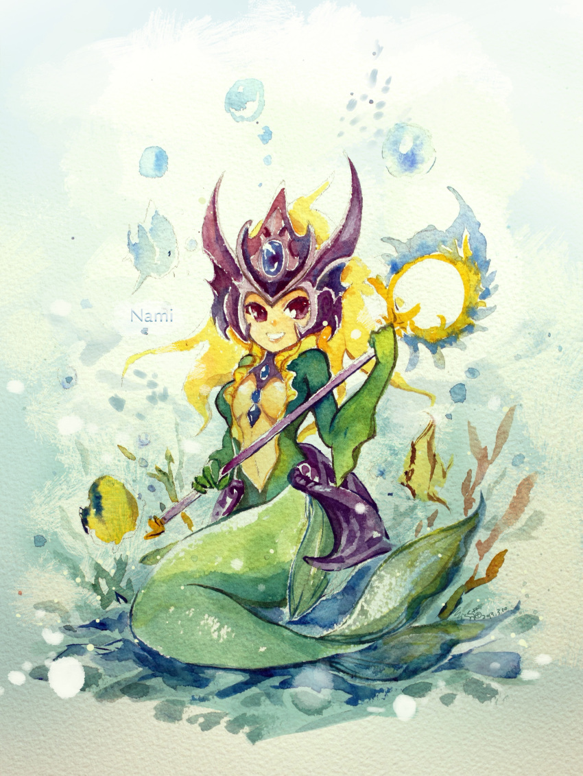 1girl aa2233a absurdres character_name fish_tail headpiece highres league_of_legends mermaid monster_girl nami_(league_of_legends) red_eyes scales seashell shell solo staff traditional_media watercolor_(medium)