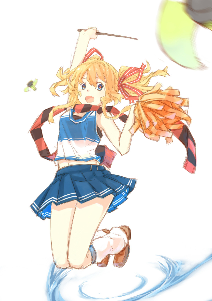 1girl :d absurdres blue_skirt character_request cheerleader excited hair_ribbon happy highres jump magic midriff navel open_mouth orange_hair pleated_skirt pom_poms ribbon scarf simple_background skirt sleeveless smile solo tank_top thighs wand white_background yan_wen_zi