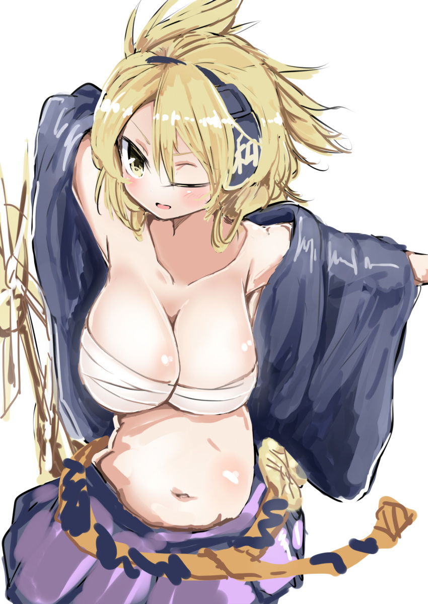 1girl ;d belly blush breasts earmuffs female highres large_breasts looking_at_viewer navel one_eye_closed open_mouth plump pointy_hair sarashi sketch smile solo takashi_(nekoro) touhou toyosatomimi_no_miko tsurime undressing