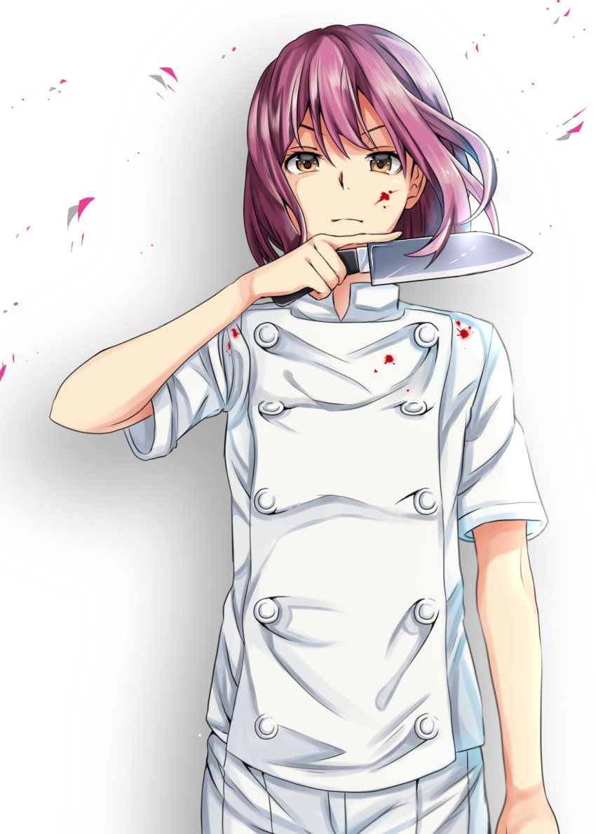 1girl arato_hisako blood brown_eyes knife pants purple_hair shokugeki_no_souma short_hair