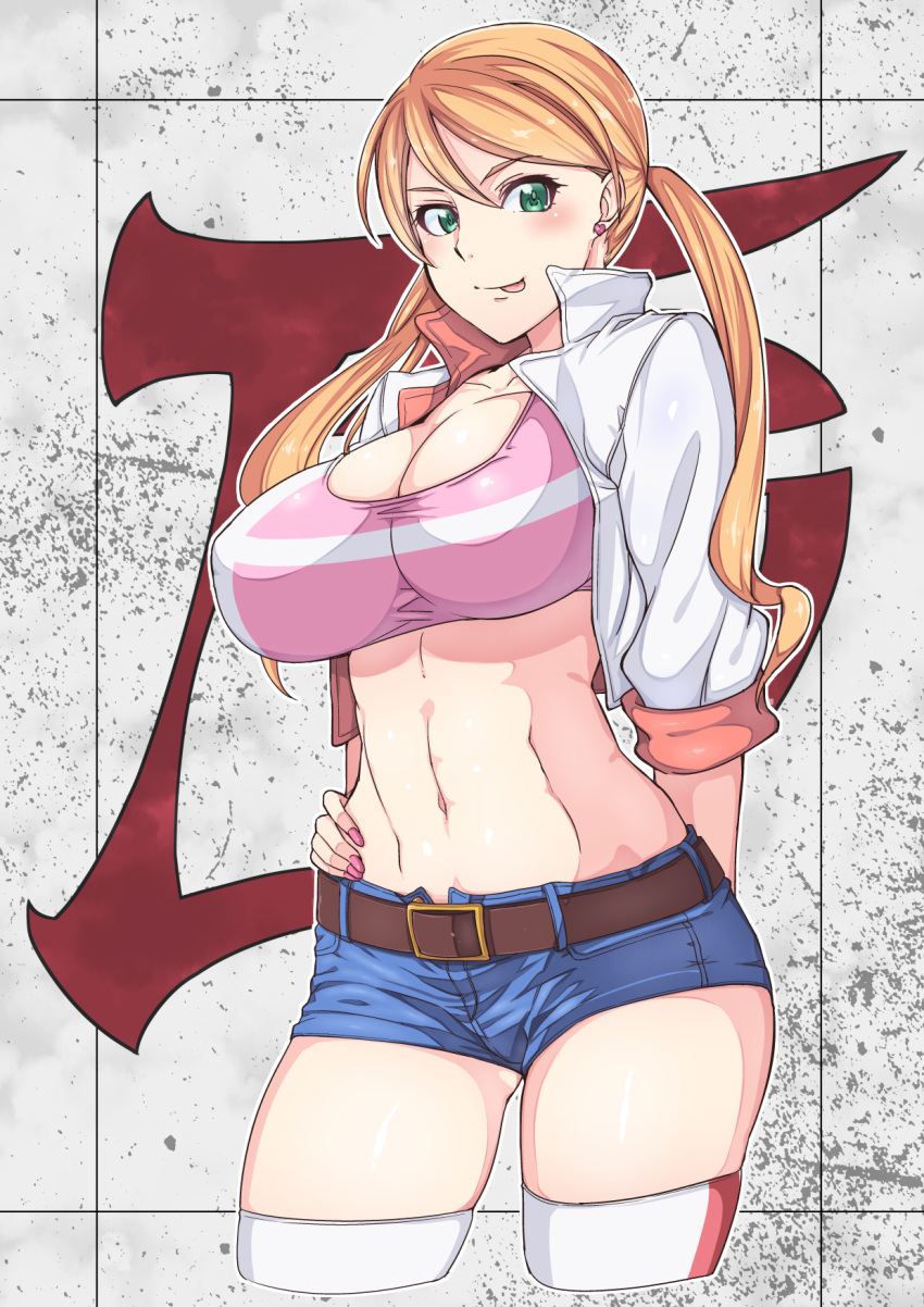 1girl :p abs belt blonde_hair blush breasts cleavage cleavage_cutout cropped_jacket earrings female green_eyes gundam gundam_tekketsu_no_orphans hand_on_hip heart heart_earrings highres jewelry kisaragi_yuki lafter_frankland large_breasts long_hair looking_at_viewer midriff nail_polish navel shiny shiny_skin short_shorts shorts skindentation smile solo sports_bra standing taut_clothes thigh-highs tongue tongue_out twintails