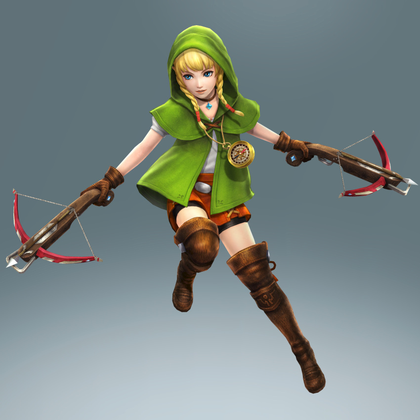 1girl 3d absurdres bangs bike_shorts blonde_hair blue_eyes boots bow_(weapon) braid brown_boots brown_legwear capelet choker compass crossbow dual_wielding gloves highres hood jewelry leather leather_boots leather_gloves linkle long_hair necklace nintendo official_art pointy_ears shorts_under_skirt sidelocks solo the_legend_of_zelda thigh-highs thigh_boots twin_braids weapon zelda_musou