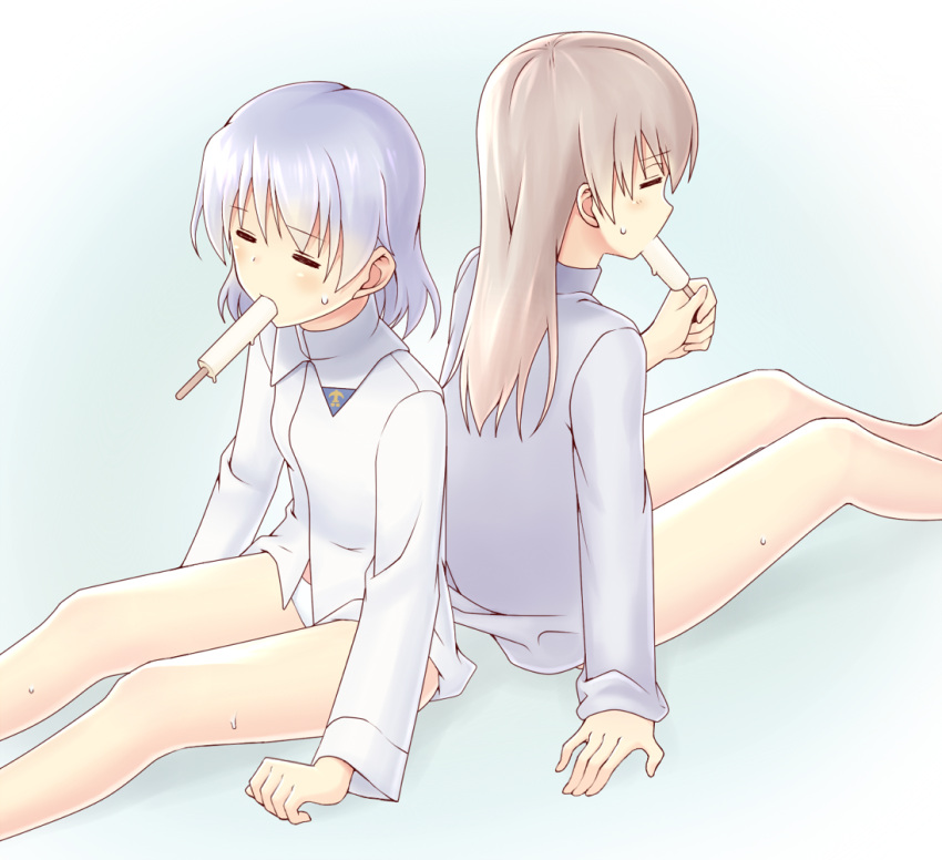 2girls =_= arm_support blue_hair brown_hair closed_eyes eating eila_ilmatar_juutilainen food_in_mouth momiji7728 mouth_hold multiple_girls no_pants panties popsicle sanya_v_litvyak sitting strike_witches sweat underwear white_panties
