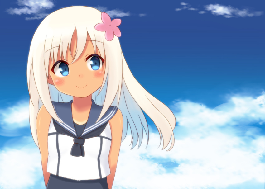 1girl absurdres blonde_hair blue_eyes crop_top flower hair_flower hair_ornament highres kantai_collection long_hair negishio ro-500_(kantai_collection) sailor_collar school_swimsuit swimsuit swimsuit_under_clothes