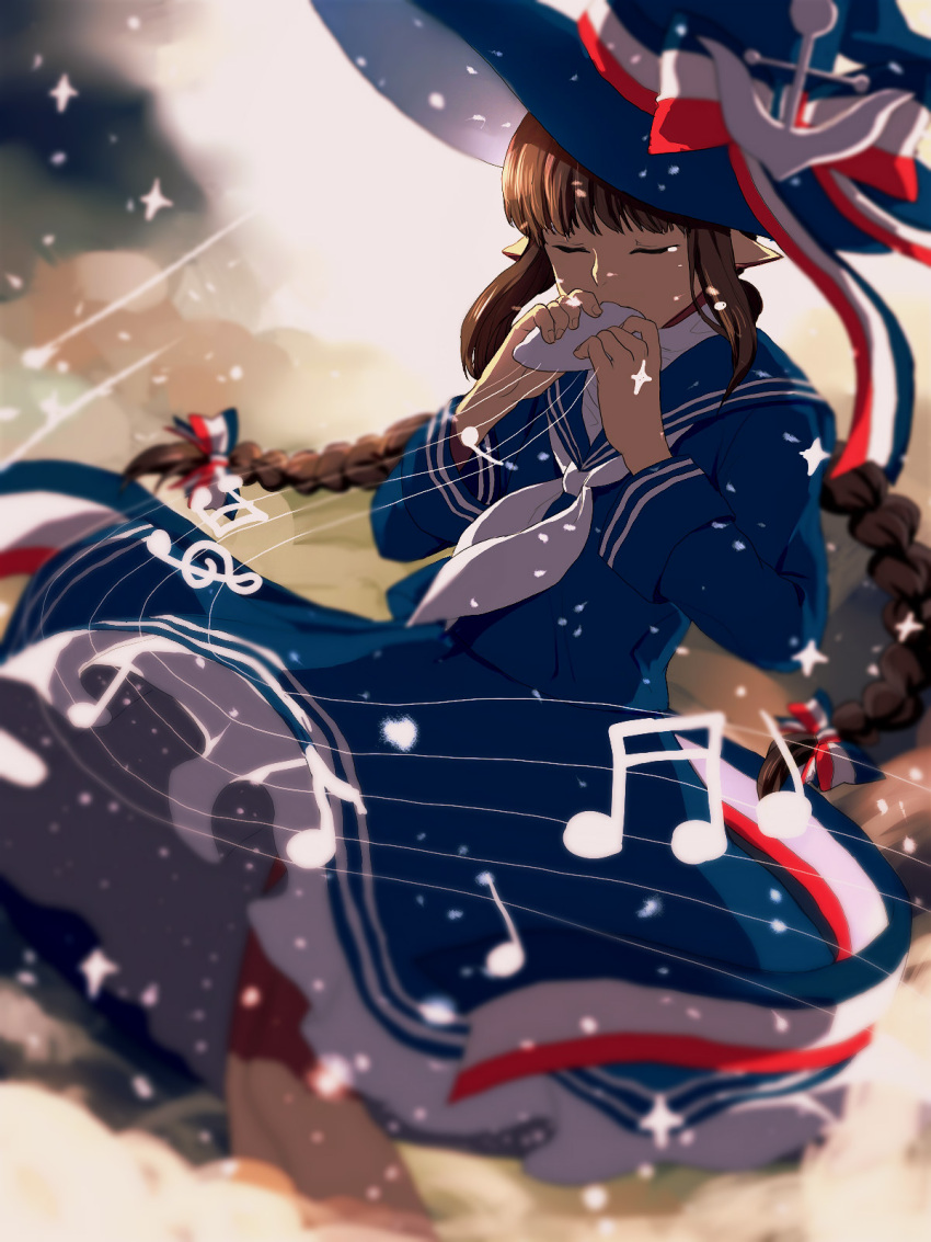 1girl bangs blurry braid brown_hair capter closed_eyes dress hat highres instrument musical_note ocarina oounabara_to_wadanohara pointy_ears quaver sailor_collar sailor_dress sidelocks solo tears treble_clef twin_braids wadanohara witch_hat