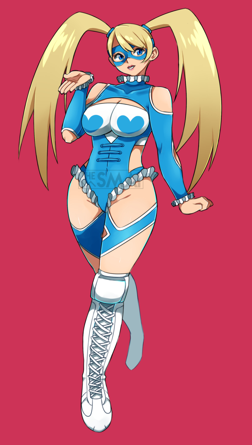 1girl blonde_hair breasts cleavage cleavage_cutout domino_mask full_body heart looking_at_viewer mask rainbow_mika street_fighter street_fighter_alpha_3 the_smai twintails wrestling_outfit