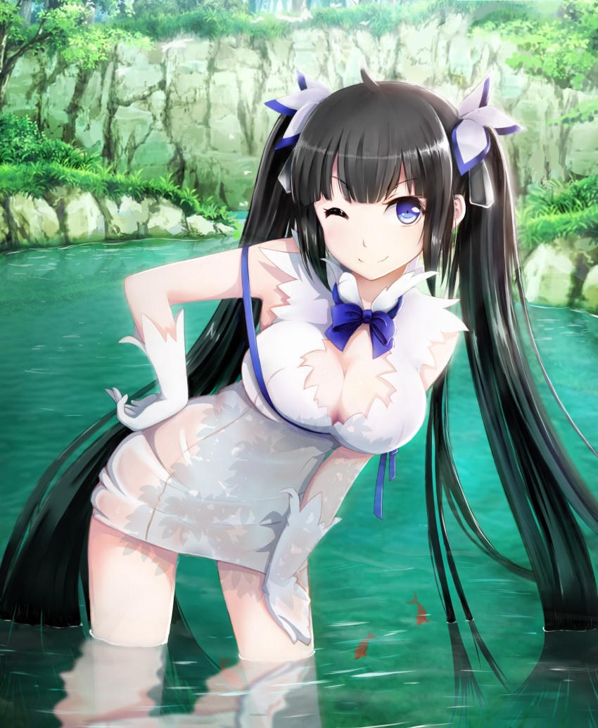 1girl ;) arm artist_request bare_arms bare_legs black_hair blue_eyes blue_ribbon bow bowtie breasts bush cleavage cleavage_cutout dress dungeon_ni_deai_wo_motomeru_no_wa_machigatteiru_darou_ka female gloves grass hair_ornament hand_on_hip hand_on_own_thigh hestia_(danmachi) highres large_breasts legs long_hair looking_at_viewer naughty_face one_eye_closed partially_submerged reflection rei_no_himo ribbon short_dress smile solo tree twintails very_long_hair wading water wet wet_hair white_dress white_gloves wink