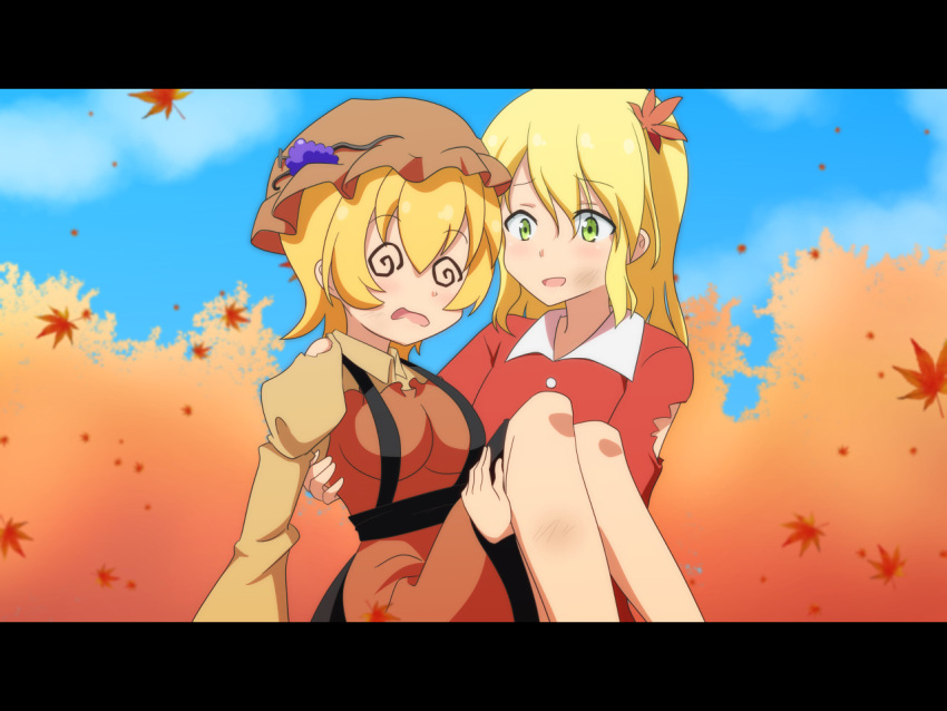 2girls @_@ aki_minoriko aki_shizuha apron autumn_leaves blonde_hair blush breasts bruise carrying cato_(monocatienus) d: dirty_face dress dress_shirt flat_chest food food_on_head fruit fruit_on_head grapes green_eyes hair_between_eyes hair_ornament hat injury juliet_sleeves large_breasts leaf leaf_hair_ornament leaf_on_head long_hair long_sleeves multiple_girls nervous_smile object_on_head open_mouth princess_carry puffy_sleeves shirt short_hair siblings sisters torn_clothes touhou wavy_mouth