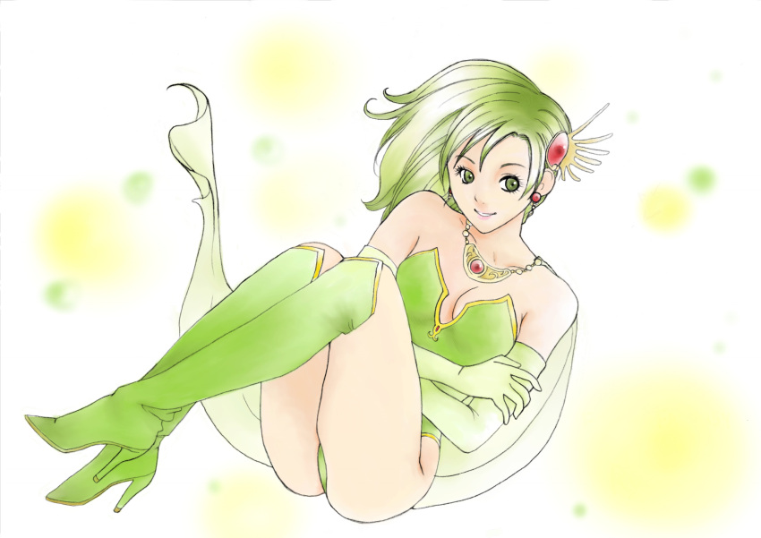 1girl bare_shoulders boots breasts cape cleavage crossed_arms elbow_gloves eyelashes final_fantasy final_fantasy_iv floating_lights gloves green_boots green_eyes green_gloves green_hair high_heel_boots high_heels highres jewelry leotard long_hair looking_to_the_side love_minnie_mouse necklace older rydia side_ponytail sitting smile solo thighs white_background