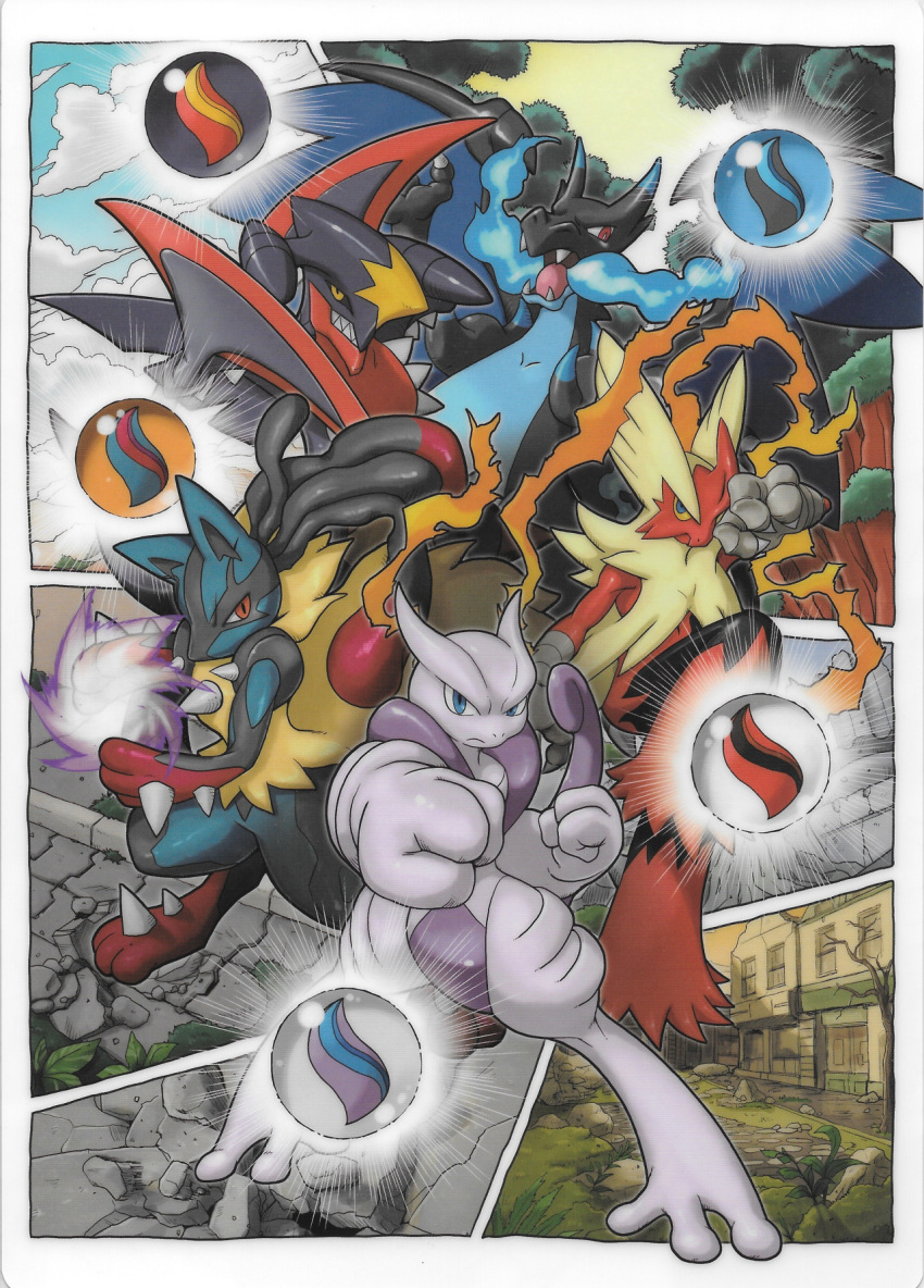 aura black_sclera blaziken blue_eyes building charizard claws clenched_hand clouds cloudy_sky dragon energy fangs fighting_stance fire garchomp highres lucario mega_blaziken mega_charizard_x mega_garchomp mega_lucario mega_mewtwo_x mega_pokemon mega_stone mewtwo muscle nintendo no_humans pokemon pokemon_(creature) pose punching red_eyes sharp_teeth shitajiki sky tail teeth wings yellow_eyes yellow_sclera