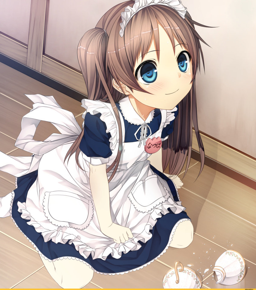 1girl blue_eyes blush broken brown_hair cup cura feet flat_(company) kneeling maid maid_headdress monobeno no_shoes sawai_natsuha solo thigh-highs white_legwear