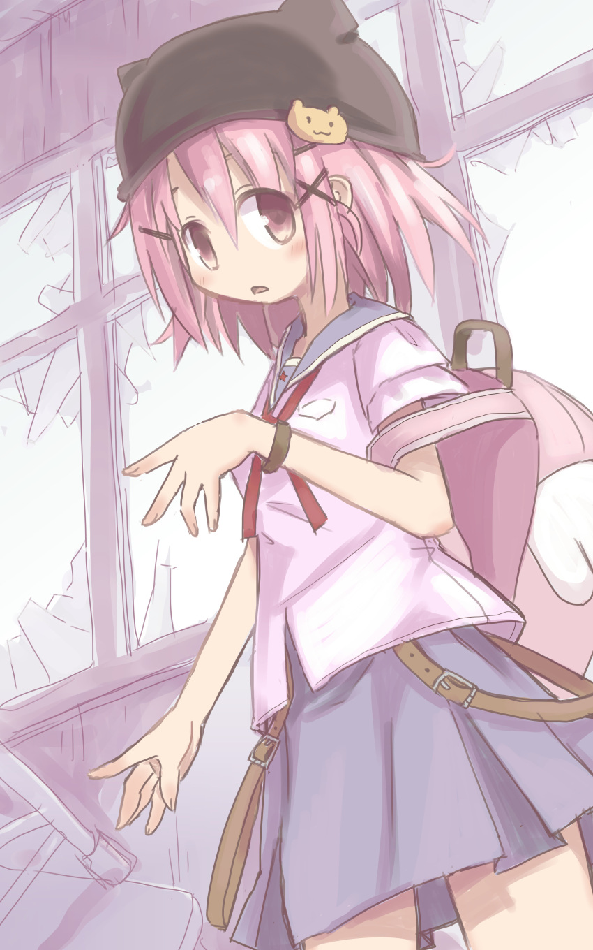 1girl absurdres backpack bag blue_skirt blush broken_window gakkou_gurashi! hair_between_eyes hair_ornament hairpin highres no_nose pink_eyes pink_hair pleated_skirt qt_project school_uniform skirt solo takeya_yuki window