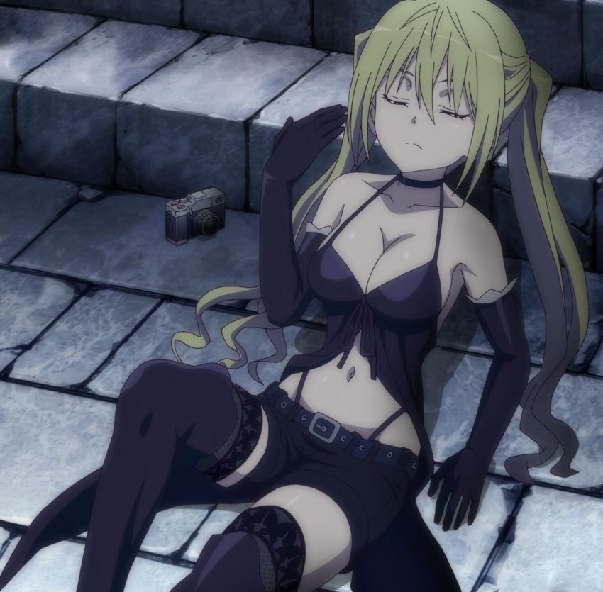 blonde_hair boots breasts cleavage closed_eyes elbow_gloves fishnet_pantyhose fishnets gloves highres lieselotte_sherlock pantyhose screencap thigh-highs thigh_boots trinity_seven twintails