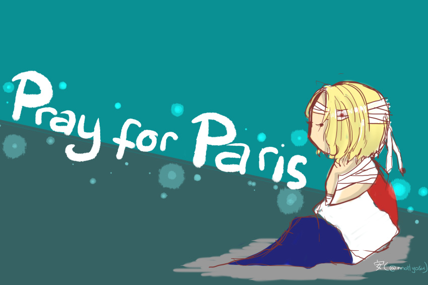 1boy absurdres artist_request axis_powers_hetalia bandage blonde_hair blood deep_wound english flag france france_(hetalia) french_flag highres injury paris personification sitting solo twitter_username