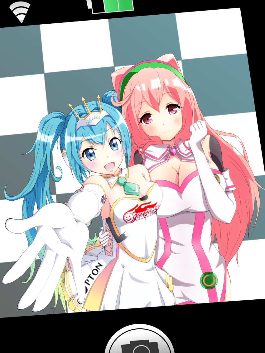 2girls ahoge aqua_hair bangs bare_shoulders blue_eyes blue_hair blush breasts checkered checkered_background cleavage crossover crown detached_collar dress eyebrows eyebrows_visible_through_hair frills gloves goodsmile_racing gradient_hair hacka_doll hacka_doll_2 hairband hand_on_another's_hip hatsune_miku headphones highres large_breasts long_hair looking_at_viewer multicolored_hair multiple_girls necktie outstretched_arm photo_(object) pink_eyes pink_hair racequeen reaching short_necktie small_breasts tiara twintails ume-chan_(artist) very_long_hair white_gloves