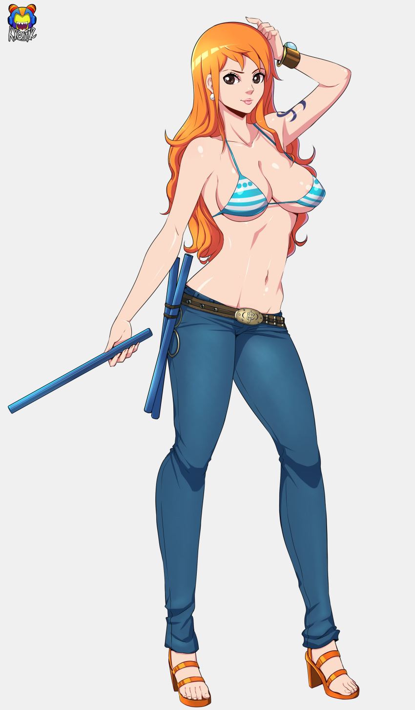 1girl bikini_top breasts cleavage denim high_heels jeans kyoffie large_breasts lips lipstick long_hair makeup nami_(one_piece) one_piece orange_hair pants smile tattoo