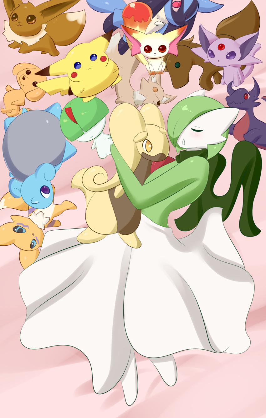 1girl alternate_color bed carro closed_eyes dog dragon dress eevee espeon fox gardevoir goodra green_hair horse hug jcdr lapras lucario nintendo pikachu pokemon ralts renamon scarf sleeping stuffed_animal stuffed_toy white_skin