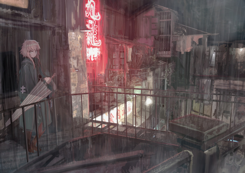1girl absurdres apartment balcony boots closed_mouth commentary_request grey_eyes highres holding holding_umbrella lamppost laundry long_hair neon_lights night original pink_hair plant rain raincoat road rubber_boots scenery science_fiction solo soraciel standing street umbrella urban