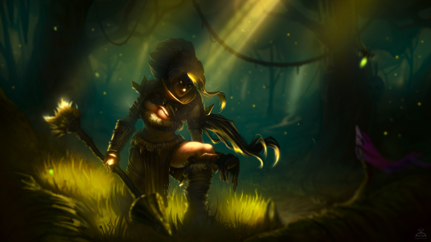 1girl absurdres breasts cleavage dgatrick forest highres league_of_legends looking_at_viewer nature nidalee plant shadow solo sunlight tree tribal vines