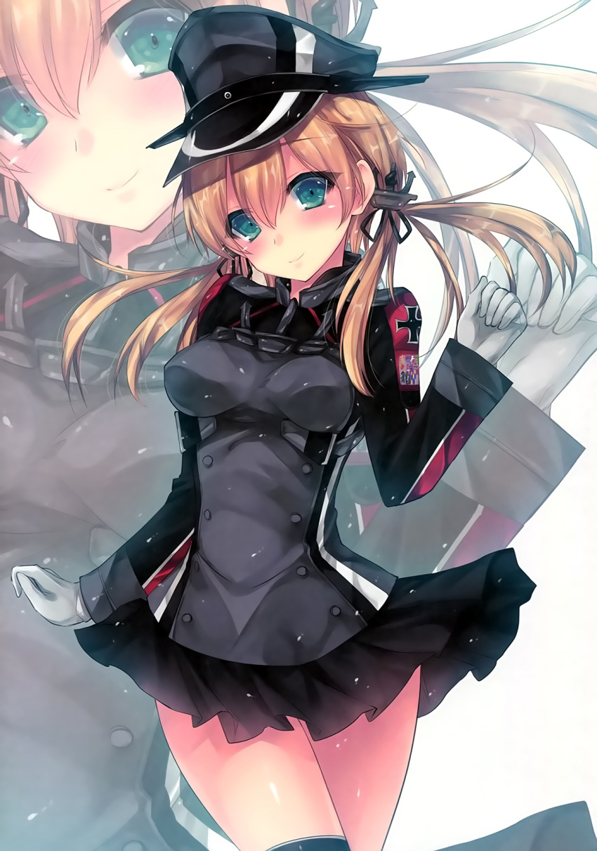 1girl anchor_hair_ornament blonde_hair blush breasts gloves hair_ornament hat kantai_collection long_hair military military_uniform peaked_cap prinz_eugen_(kantai_collection) satomura_kyou skirt smile solo thigh-highs twintails uniform white_gloves
