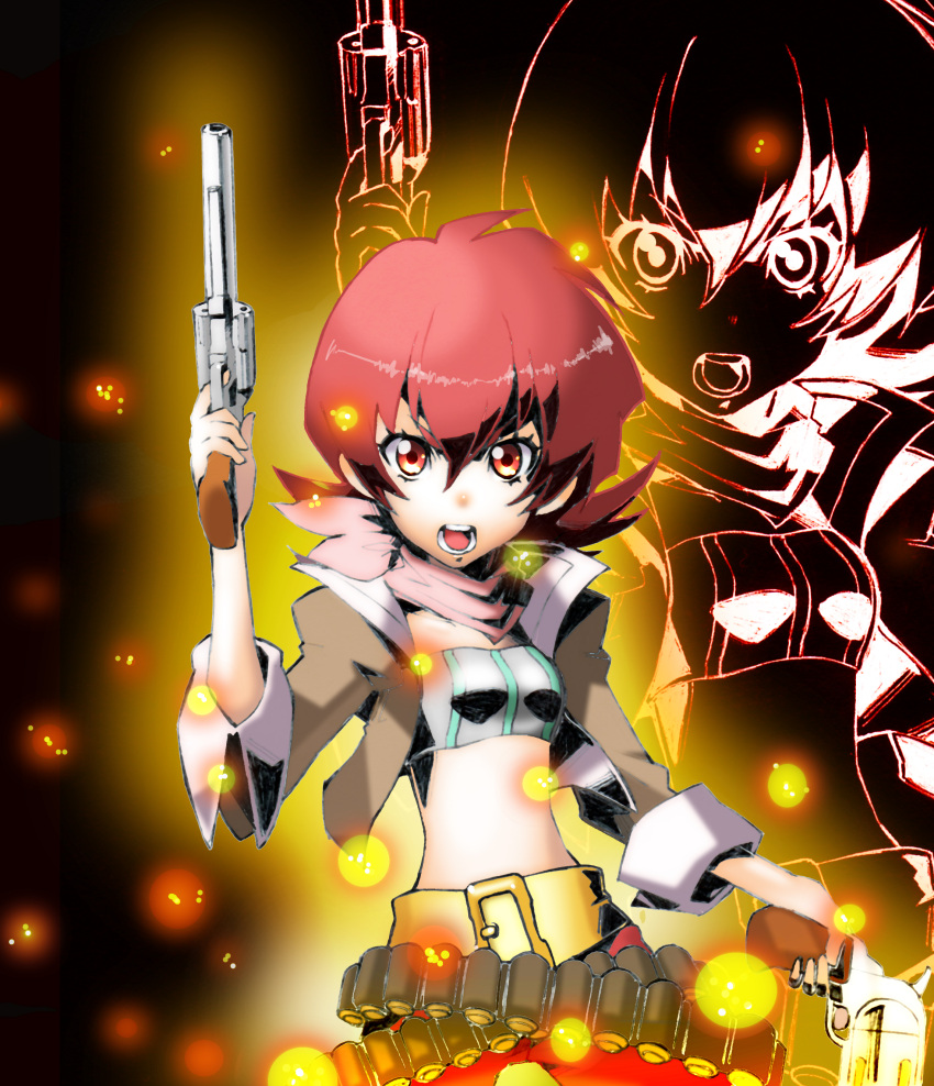 1girl belt breasts gun iria_animi jacket midriff open_mouth pants red_eyes redhead scarf short_hair solo tales_of_(series) tales_of_innocence weapon