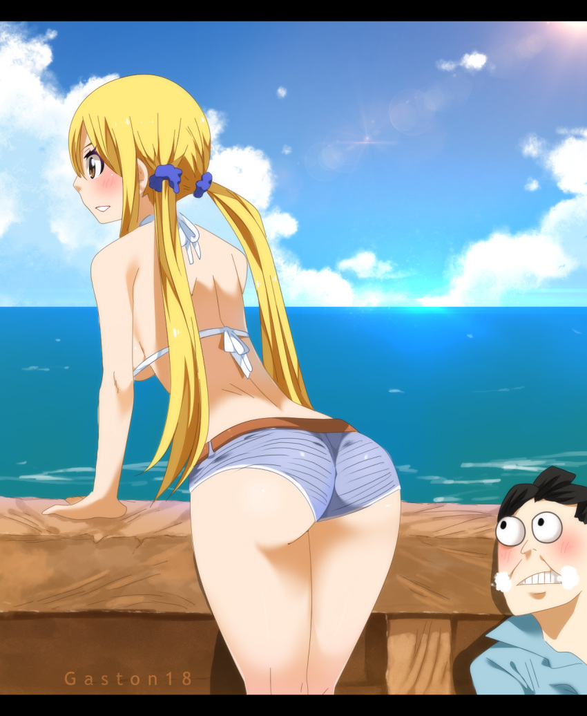 1boy 1girl ass bikini_top blonde_hair blush fairy_tail gaston18 lowleg lowleg_shorts lucy_heartfilia ocean shorts sun twintails water