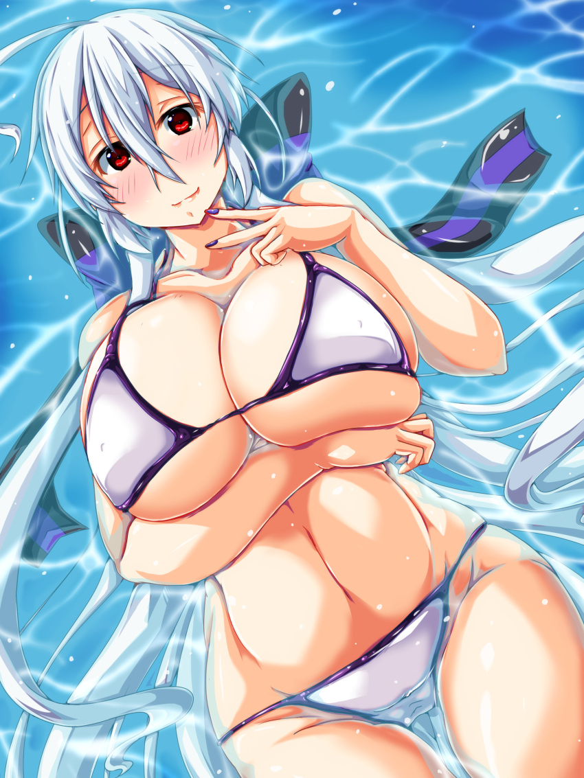 1girl absurdres ahoge alternate_costume blush bow breasts cleavage curvy erect_nipples hair_bow highres huge_breasts long_hair looking_at_viewer lying misakana nail_polish on_back red_eyes smile solo swimsuit thigh_gap very_long_hair vocaloid white_hair wide_hips yowane_haku