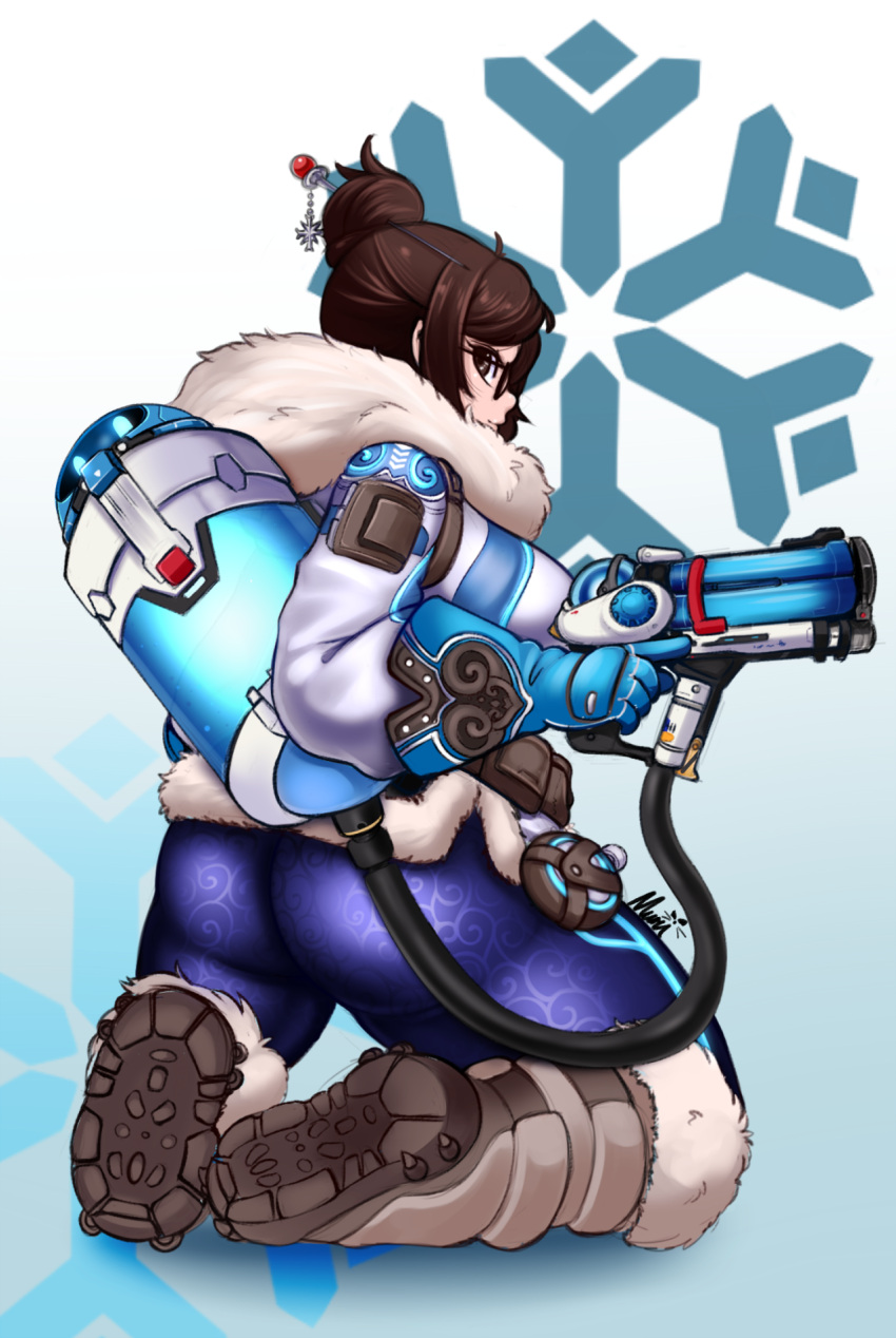 1girl ass boots brown_hair coat from_behind fur_coat fur_trim glasses gun hair_bun hair_ornament hood kasu-pan kneeling looking_at_viewer looking_back mei_(overwatch) overwatch solo thick_thighs tight_pants weapon winter_clothes