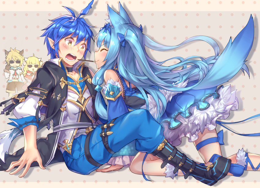 2boys 2girls ahoge animal_ears arm_support assertive aura_kingdom ayako_(aura_kingdom) bare_shoulders belt black_boots blue_bow blue_dress blue_hair blue_pants blue_ribbon blush boots bow breasts choker closed_eyes collarbone detached_sleeves dress embarrassed food food_in_mouth fox_ears fox_tail hair_bow hetero highres holster jacket kneeling long_hair long_sleeves looking_at_another medium_breasts mouth_hold multiple_boys multiple_girls open_clothes open_jacket open_mouth pants pocky pocky_day pointy_ears ribbon shennai_misha shirt short_hair sitting sunglasses tail thigh_holster two_side_up white_shirt wide_sleeves yellow_eyes