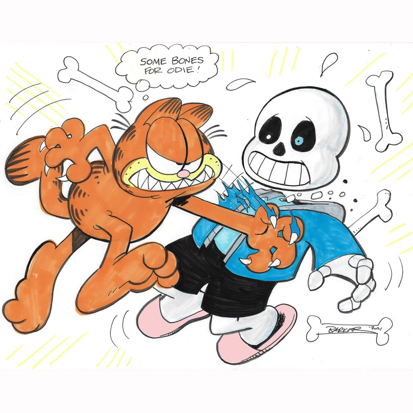 black_sclera black_shorts blue_eyes blue_jacket bone cat claws colored_sclera crossover english_commentary garfield garfield_(character) gary_barker heterochromia highres jacket jim_davis_(style) marker_(medium) no_humans pink_footwear sans sharp_teeth shorts skeleton slashing slippers smile teeth thought_bubble traditional_media undertale white_background white_eyes