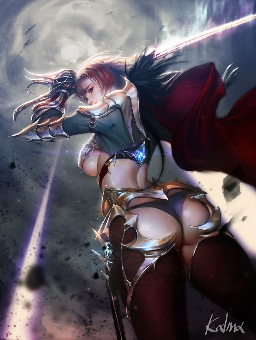 1girl artist_request ass bikini breasts cape dutch_angle fiora_laurent gauntlets highres holding holding_weapon large_breasts looking_at_viewer pauldrons realistic redhead signature solo swimsuit sword thigh-highs under_boob violet_eyes weapon