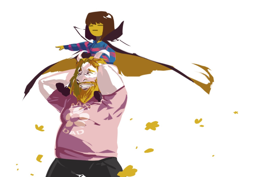 1boy androgynous asgore_dreemurr beard blonde_hair brown_hair cape carrying casual closed_eyes donkscribbles facial_hair flower frisk_(undertale) horns monster_boy outstretched_arm shirt shoulder_carry smile striped striped_shirt t-shirt undertale white_background