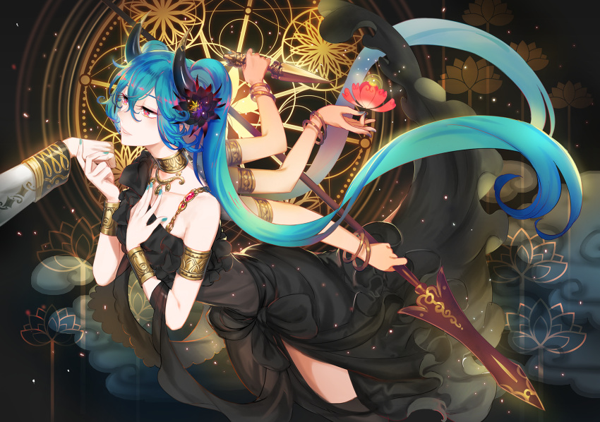 1girl aqua_eyes aqua_hair aqua_nails armlet ashura bangs black_dress black_flower black_legwear bracelet breasts collarbone cowboy_shot dagger demon_girl dress eyelashes floating_hair flower frilled_dress frills gown gradient_hair hair_between_eyes hair_flower hair_ornament hatsune_miku heart highres holding holding_flower holding_weapon horns jewelry light_particles long_hair lotus magic_circle multicolored_hair multiple_arms nail_polish necklace out_of_frame pink_eyes polearm red_flower ring_necklace see-through side_slit small_breasts solo_focus spear thigh-highs twintails verus very_long_hair vocaloid weapon