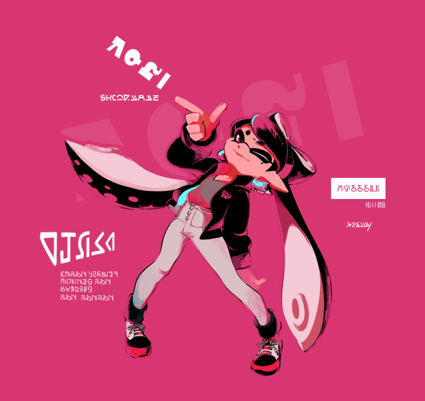 +_+ 1girl alternate_costume aori_(splatoon) black_hair black_jacket bow dated domino_mask earrings eyebrows finger_gun full_body hair_bow highres jacket jewelry long_hair looking_at_viewer mask mole mole_under_eye one_eye_closed open_clothes open_jacket pants pink pink_eyes pointy_ears seto_(asils) shirt simple_background splatoon symbol-shaped_pupils t-shirt tentacle tentacle_hair thick_eyebrows white_pants