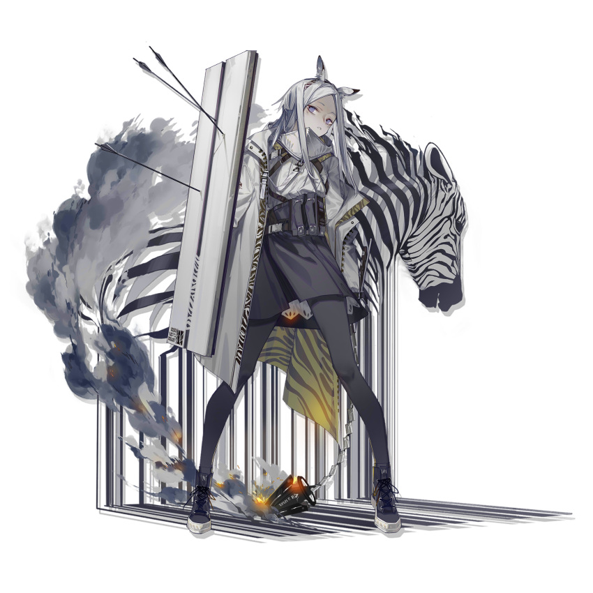 1girl animal_ears arknights arrow_(projectile) azling black_footwear black_legwear blue_eyes coat elite_ii_(arknights) full_body grey_coat grey_hair hairband heavyrain_(arknights) highres long_hair long_sleeves looking_at_viewer official_art pantyhose shield shoes solo standing transparent_background zebra